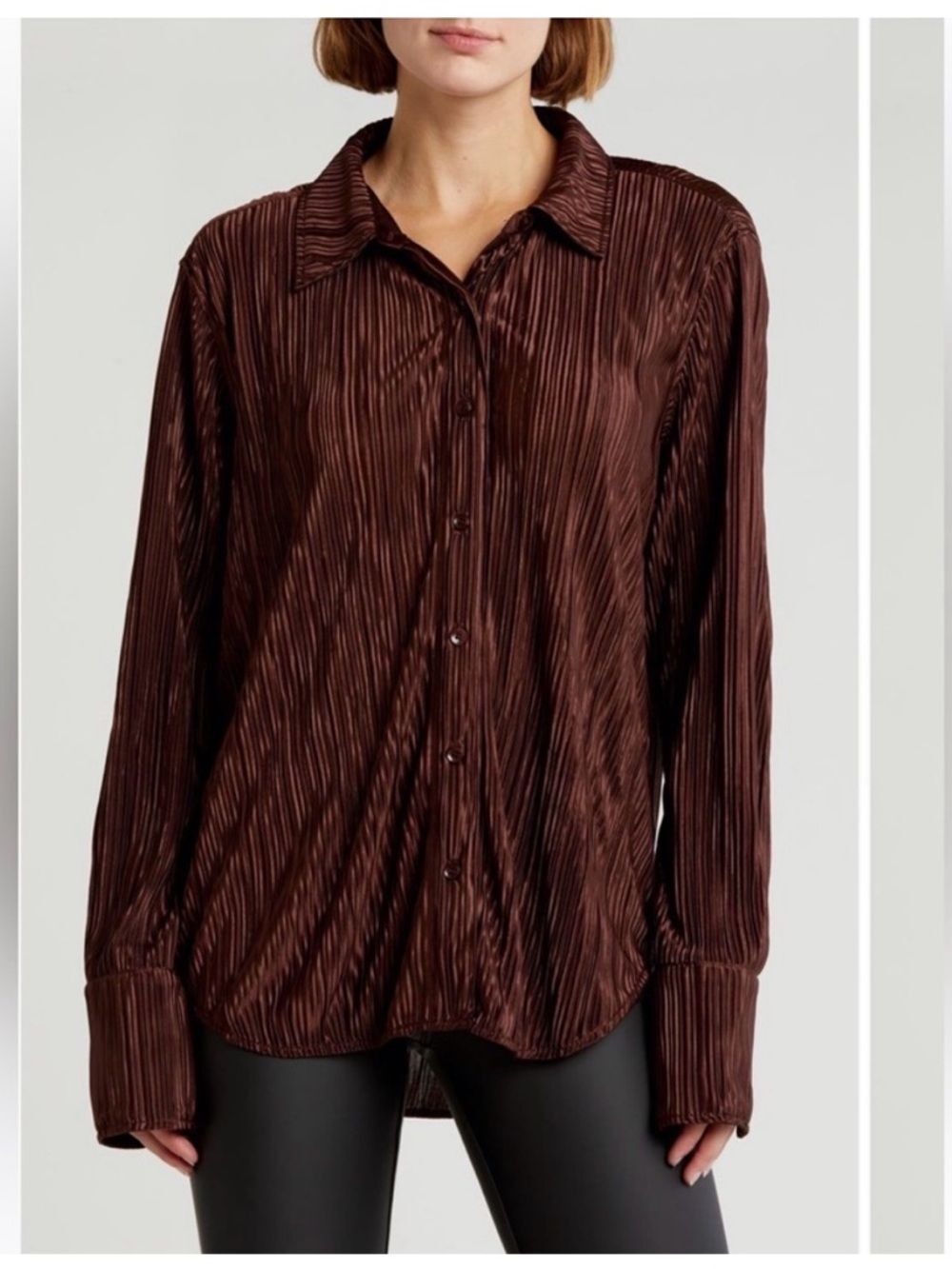 Good American Plisse Brown Pleated Button-up Shirt Size 2X - 3X